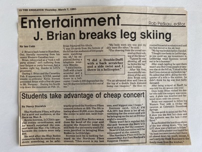 J. Brian breaks a leg article